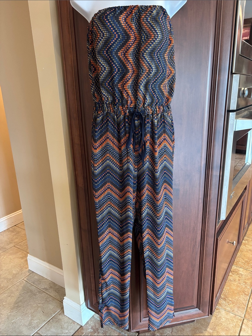Strapless Chevron Wide-Leg Jumpsuit in Navy and Orange